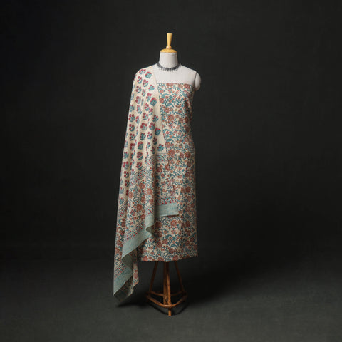 Floral Hand Block Sanganeri Print Woolen Unstitched Dress Material: Kurta, Bottom with Dupatta 42