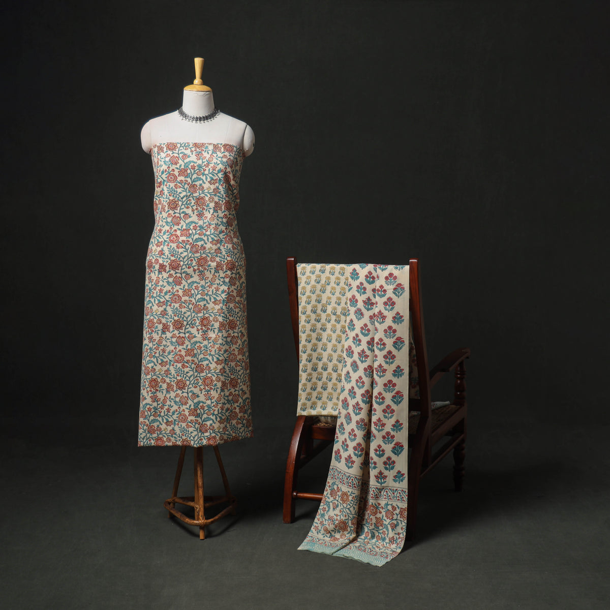 Floral hand block sanganeri print woolen unstitched dress