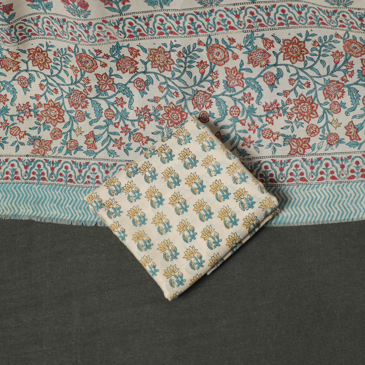 Floral hand block sanganeri print woolen unstitched dress