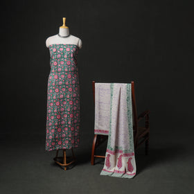 Floral Hand Block Sanganeri Print Woolen Unstitched Dress Material: Kurta, Bottom with Dupatta 43