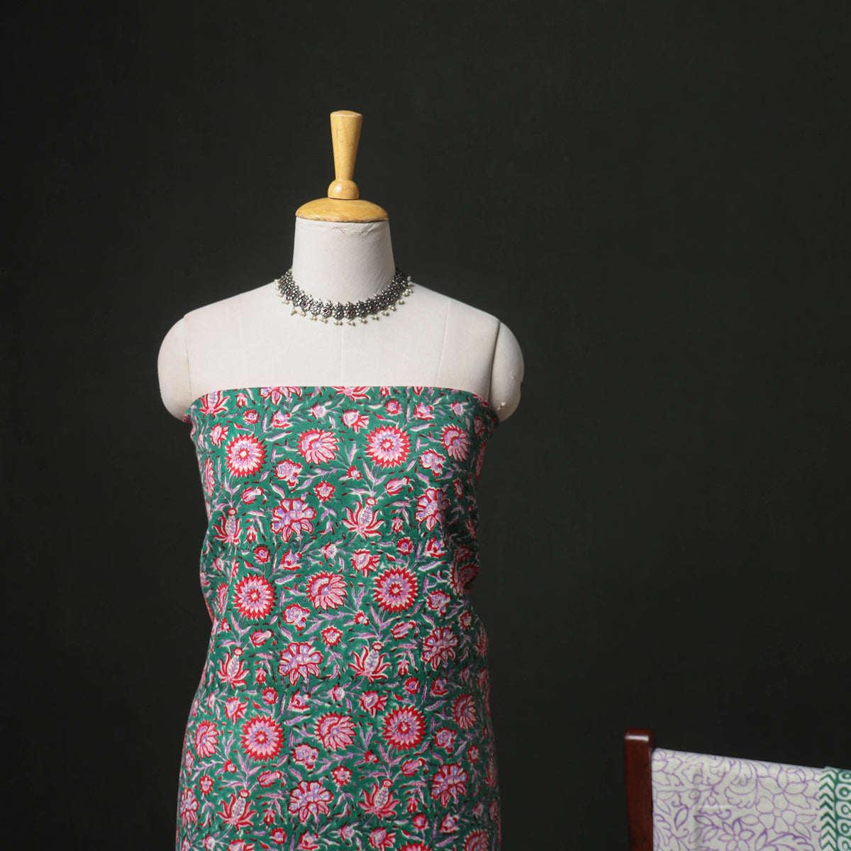 Floral Hand Block Sanganeri Print Woolen Unstitched Dress Material: Kurta, Bottom with Dupatta 43