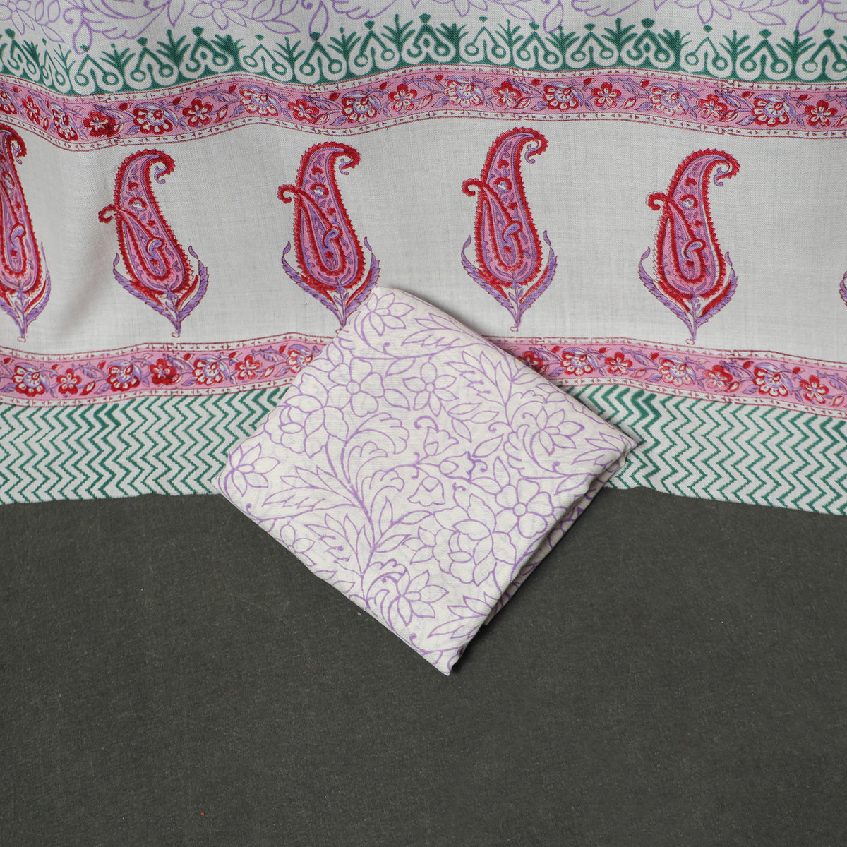 Floral Hand Block Sanganeri Print Woolen Unstitched Dress Material: Kurta, Bottom with Dupatta 43