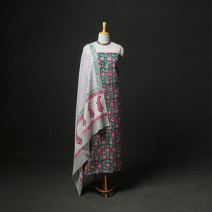 Floral Hand Block Sanganeri Print Woolen Unstitched Dress Material: Kurta, Bottom with Dupatta 43