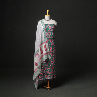 Floral Hand Block Sanganeri Print Woolen Unstitched Dress Material: Kurta, Bottom with Dupatta 43