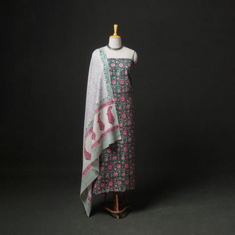 Floral Hand Block Sanganeri Print Woolen Unstitched Dress Material: Kurta, Bottom with Dupatta 43