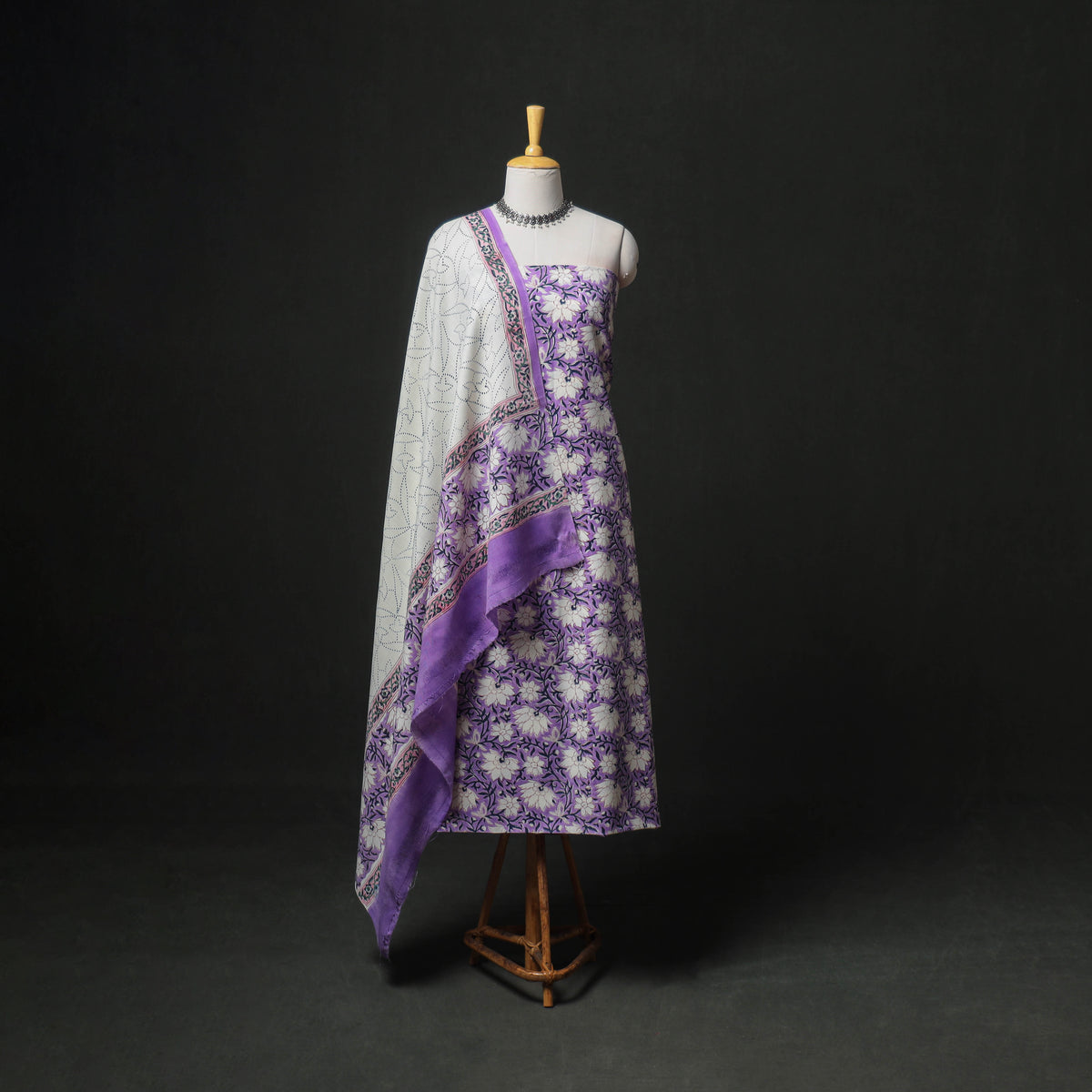 Floral Hand Block Sanganeri Print Woolen Unstitched Dress Material: Kurta, Bottom with Dupatta 44