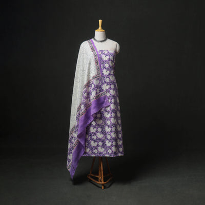 Floral Hand Block Sanganeri Print Woolen Unstitched Dress Material: Kurta, Bottom with Dupatta 44