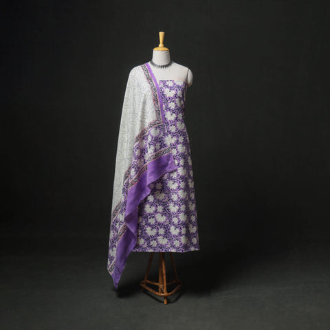 Floral Hand Block Sanganeri Print Woolen Unstitched Dress Material: Kurta, Bottom with Dupatta 44