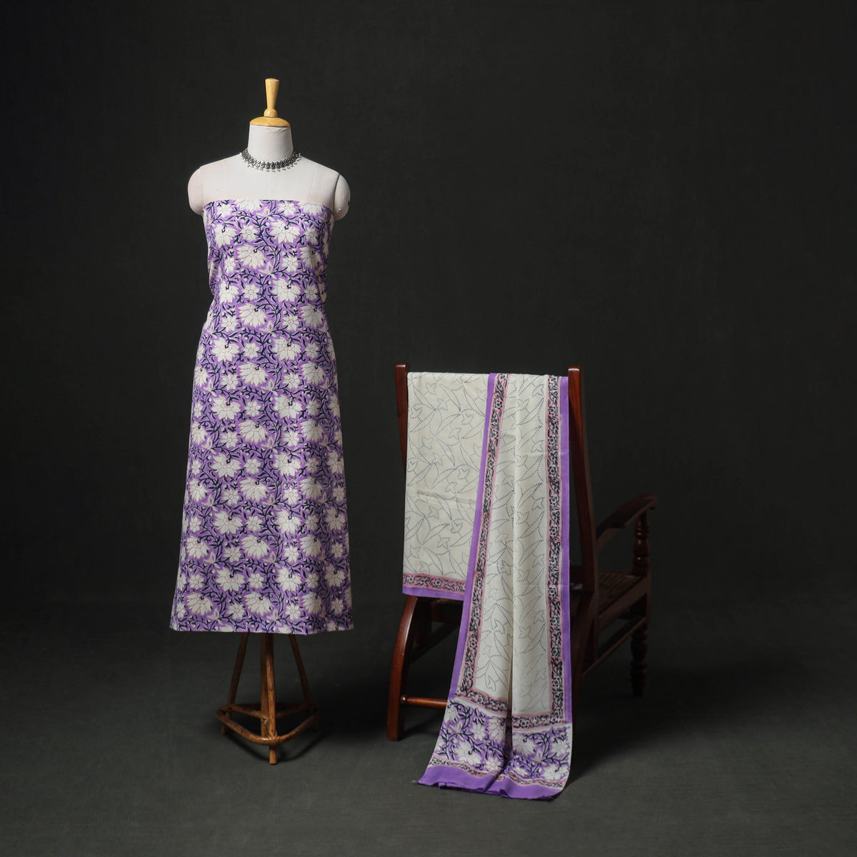 Floral Hand Block Sanganeri Print Woolen Unstitched Dress Material: Kurta, Bottom with Dupatta 44