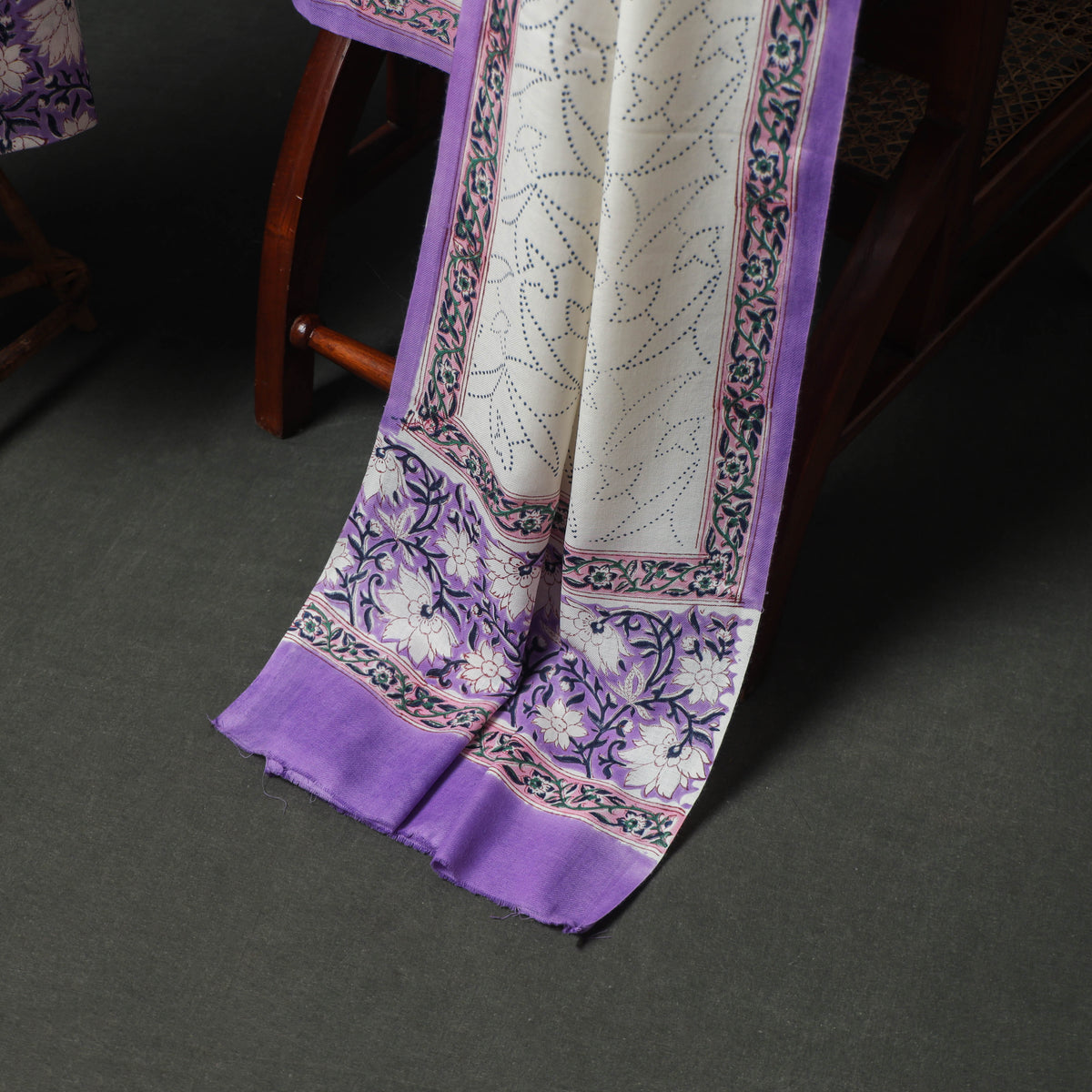 Floral Hand Block Sanganeri Print Woolen Unstitched Dress Material: Kurta, Bottom with Dupatta 44