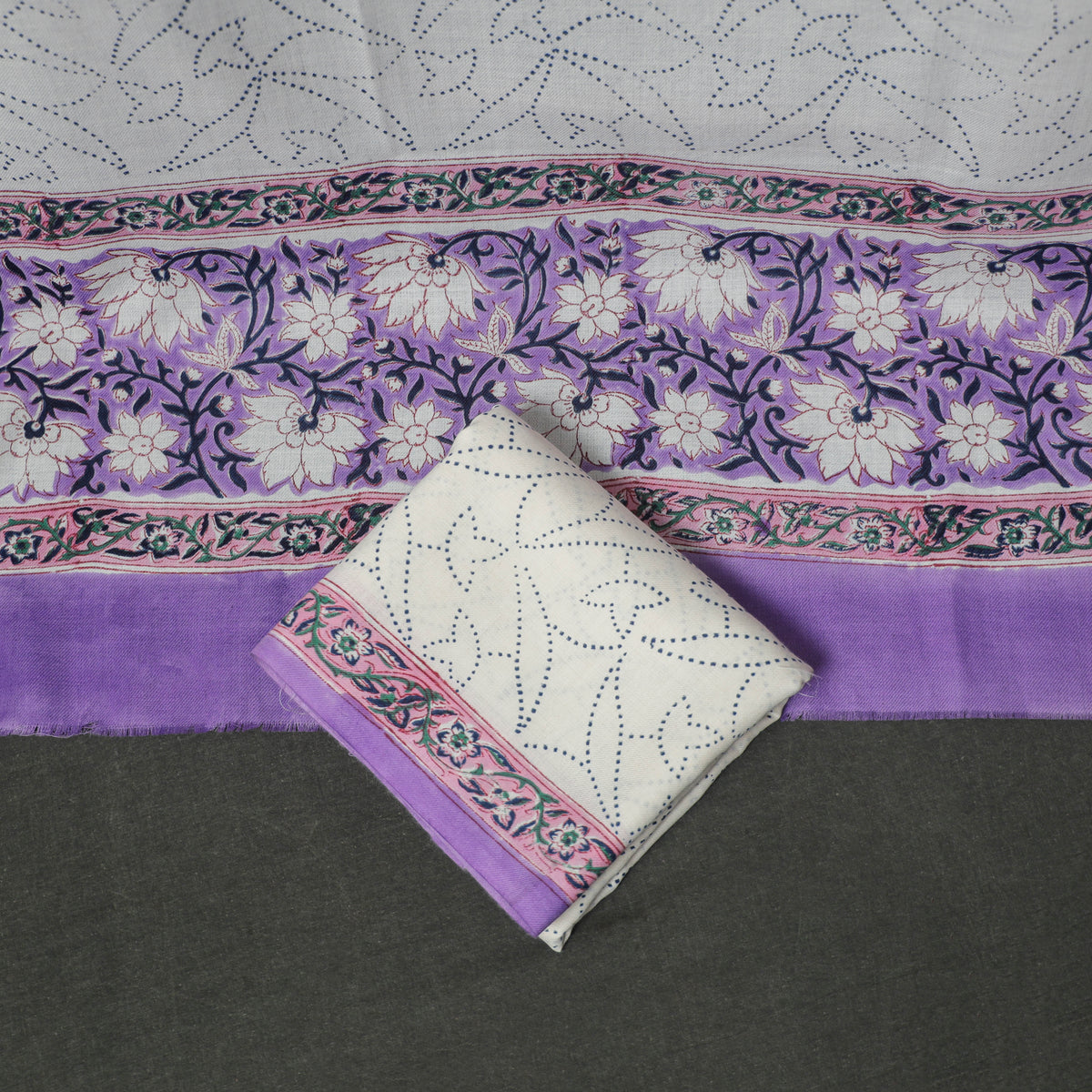 Floral Hand Block Sanganeri Print Woolen Unstitched Dress Material: Kurta, Bottom with Dupatta 44
