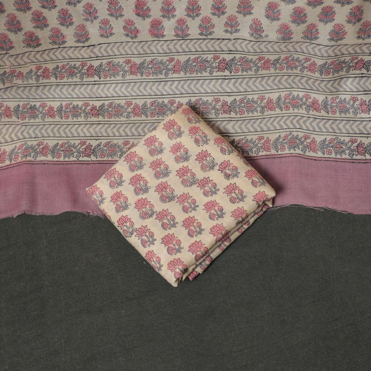 Floral Hand Block Sanganeri Print Woolen Unstitched Dress Material: Kurta, Bottom with Dupatta 45