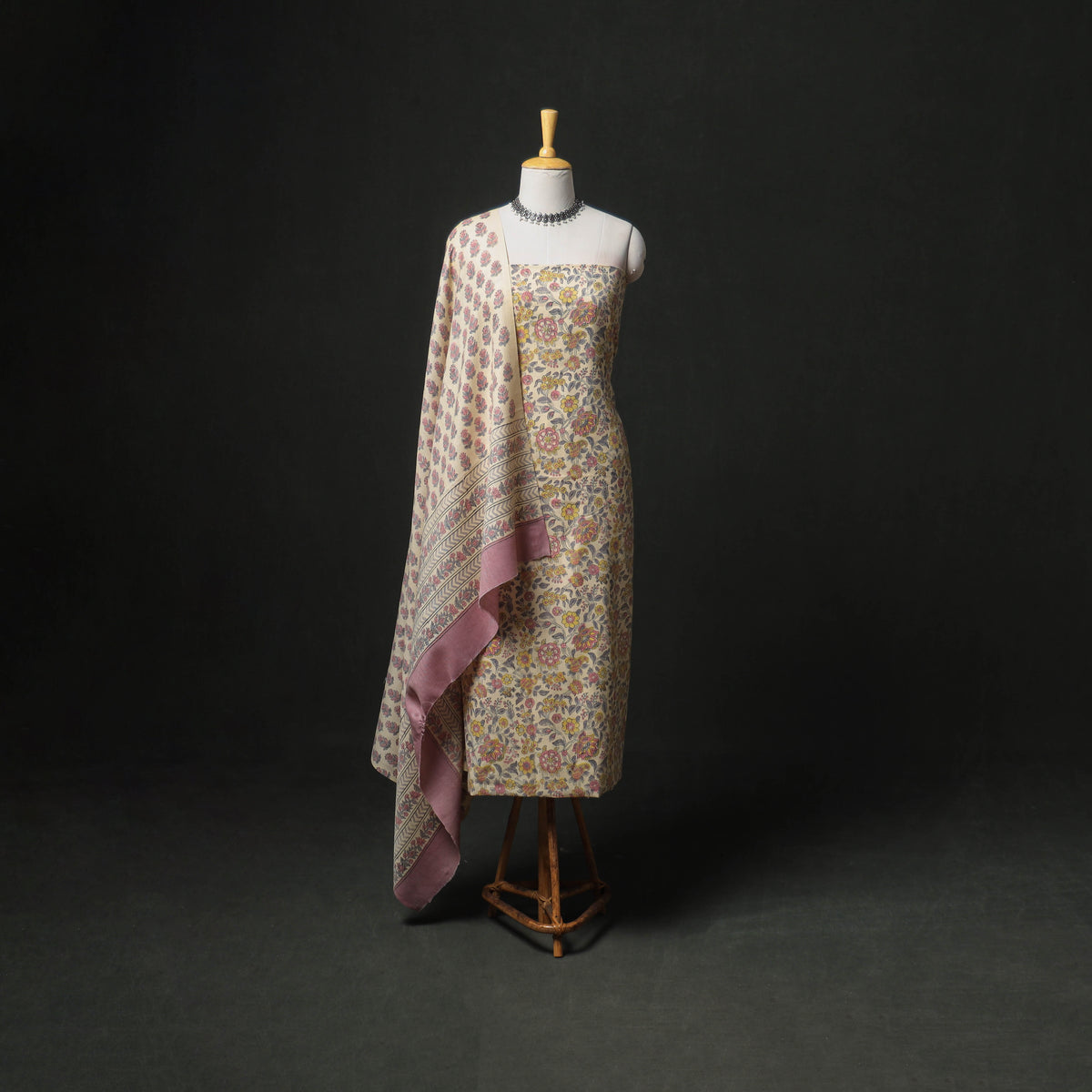 Floral Hand Block Sanganeri Print Woolen Unstitched Dress Material: Kurta, Bottom with Dupatta 45
