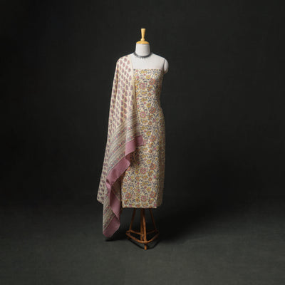Floral Hand Block Sanganeri Print Woolen Unstitched Dress Material: Kurta, Bottom with Dupatta 45