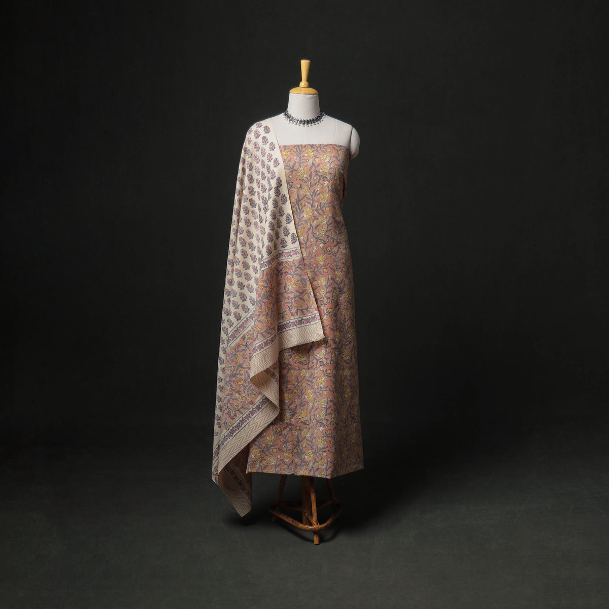 Floral Hand Block Sanganeri Print Woolen Unstitched Dress Material: Kurta, Bottom with Dupatta 46