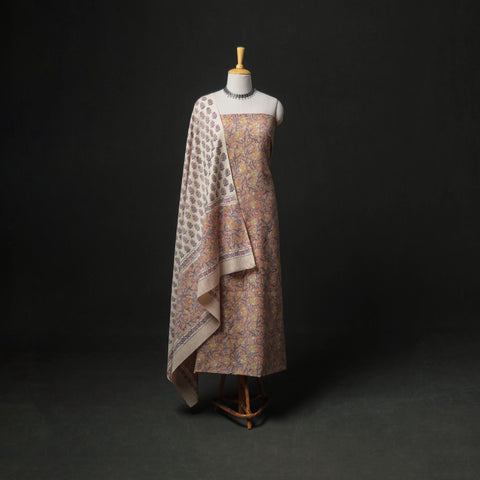 Floral Hand Block Sanganeri Print Woolen Unstitched Dress Material: Kurta, Bottom with Dupatta 46