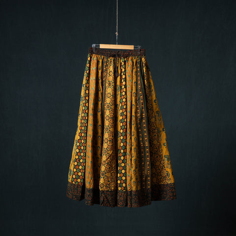 Yellow - Ajrakh Hand Block Print 24 Kali Patchwork Cotton Long Skirt 96