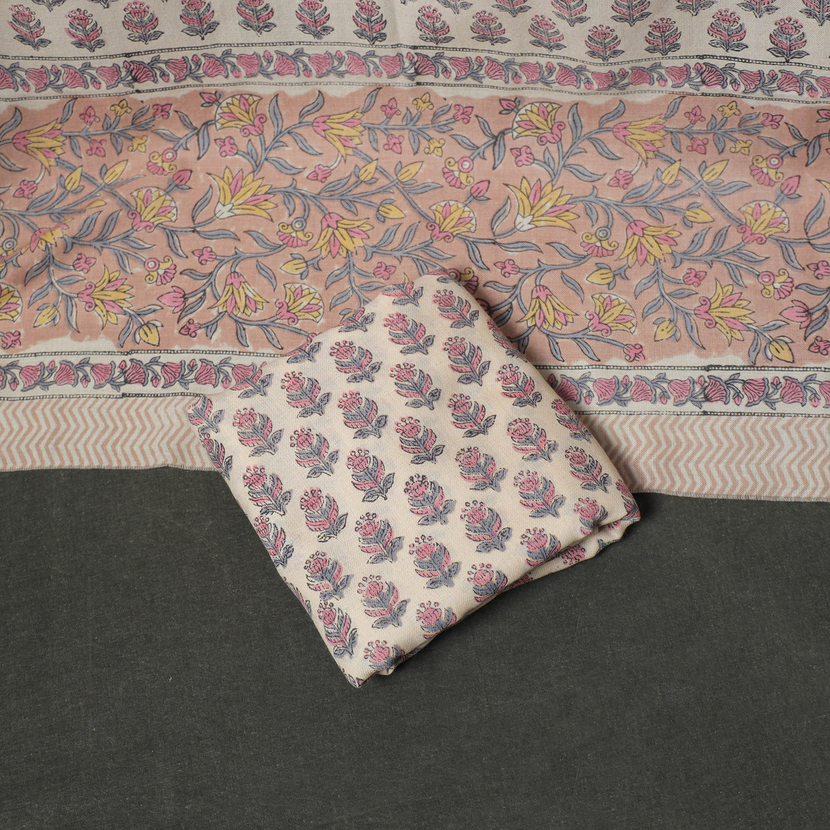 Floral Hand Block Sanganeri Print Woolen Unstitched Dress Material: Kurta, Bottom with Dupatta 46