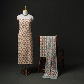Floral Hand Block Sanganeri Print Woolen Unstitched Dress Material: Kurta, Bottom with Dupatta 47