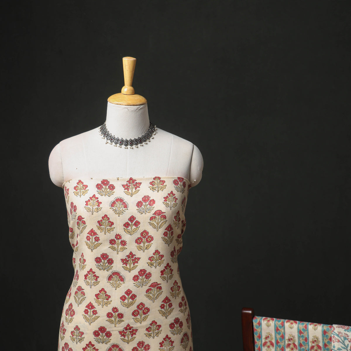 Floral Hand Block Sanganeri Print Woolen Unstitched Dress Material: Kurta, Bottom with Dupatta 47