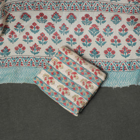Floral Hand Block Sanganeri Print Woolen Unstitched Dress Material: Kurta, Bottom with Dupatta 47