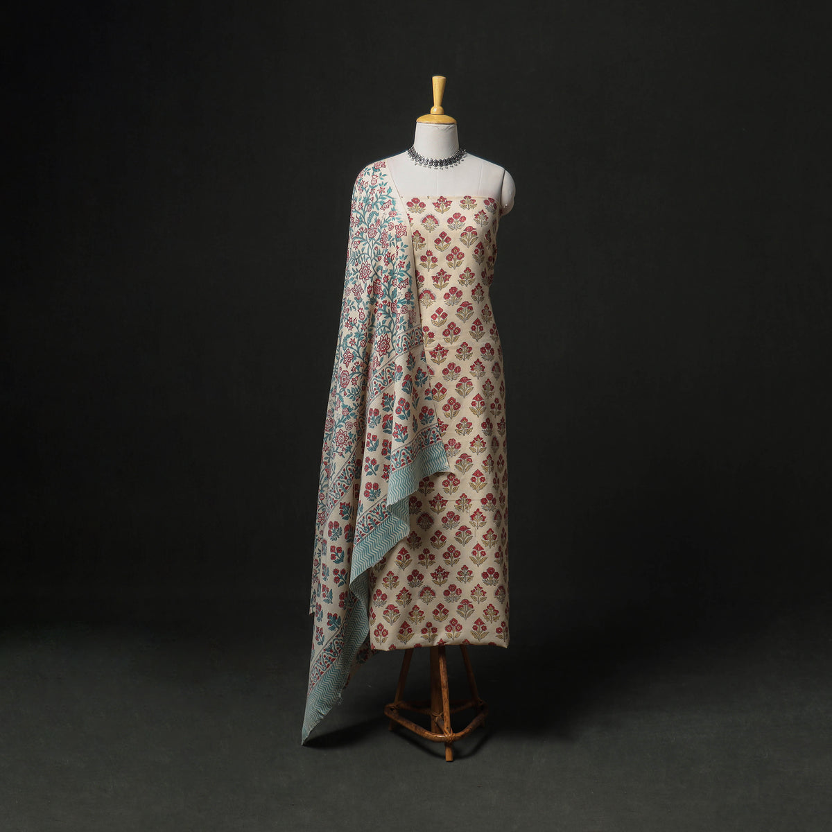 Floral Hand Block Sanganeri Print Woolen Unstitched Dress Material: Kurta, Bottom with Dupatta 47