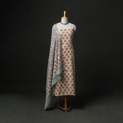 Floral Hand Block Sanganeri Print Woolen Unstitched Dress Material: Kurta, Bottom with Dupatta 47