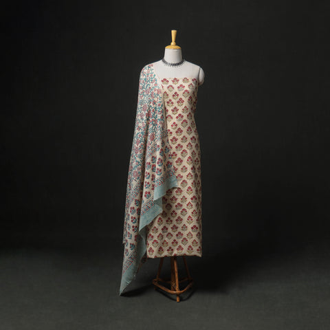 Floral Hand Block Sanganeri Print Woolen Unstitched Dress Material: Kurta, Bottom with Dupatta 47