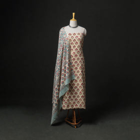 Floral Hand Block Sanganeri Print Woolen Unstitched Dress Material: Kurta, Bottom with Dupatta 47
