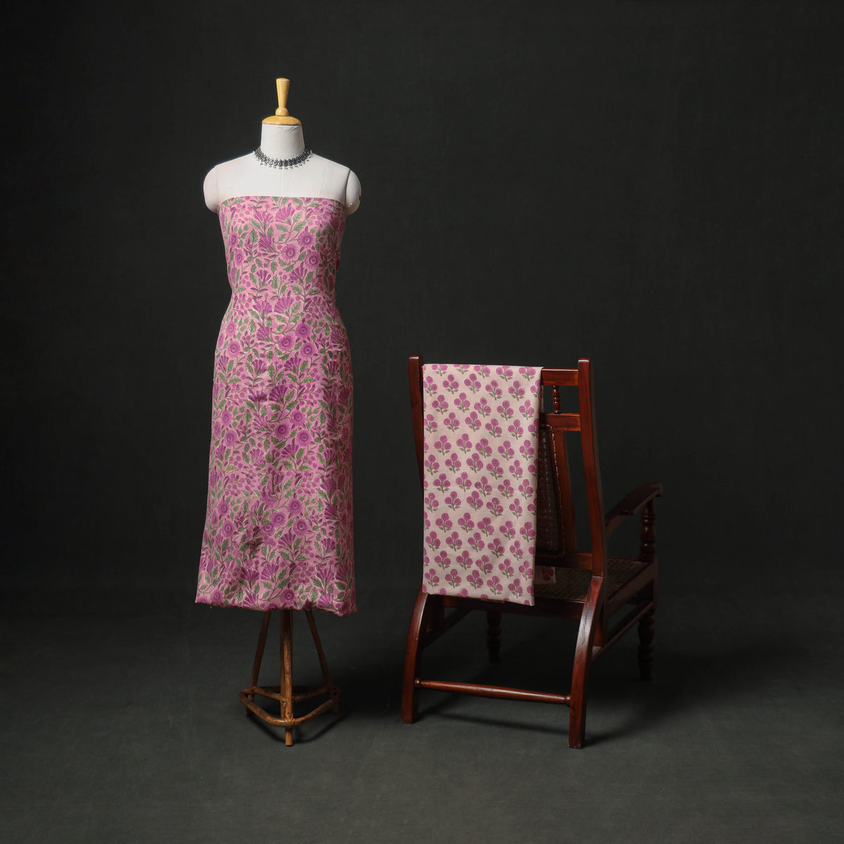 Floral Hand Block Sanganeri Print Woolen Unstitched Dress Material: Kurta with Bottom 49