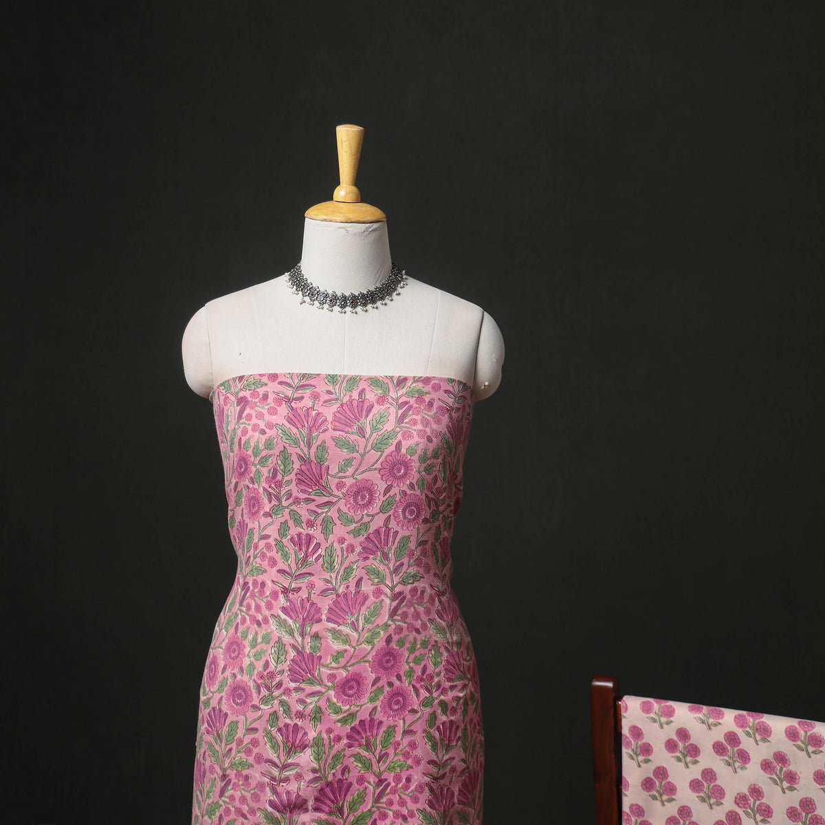 Floral Hand Block Sanganeri Print Woolen Unstitched Dress Material: Kurta with Bottom 49