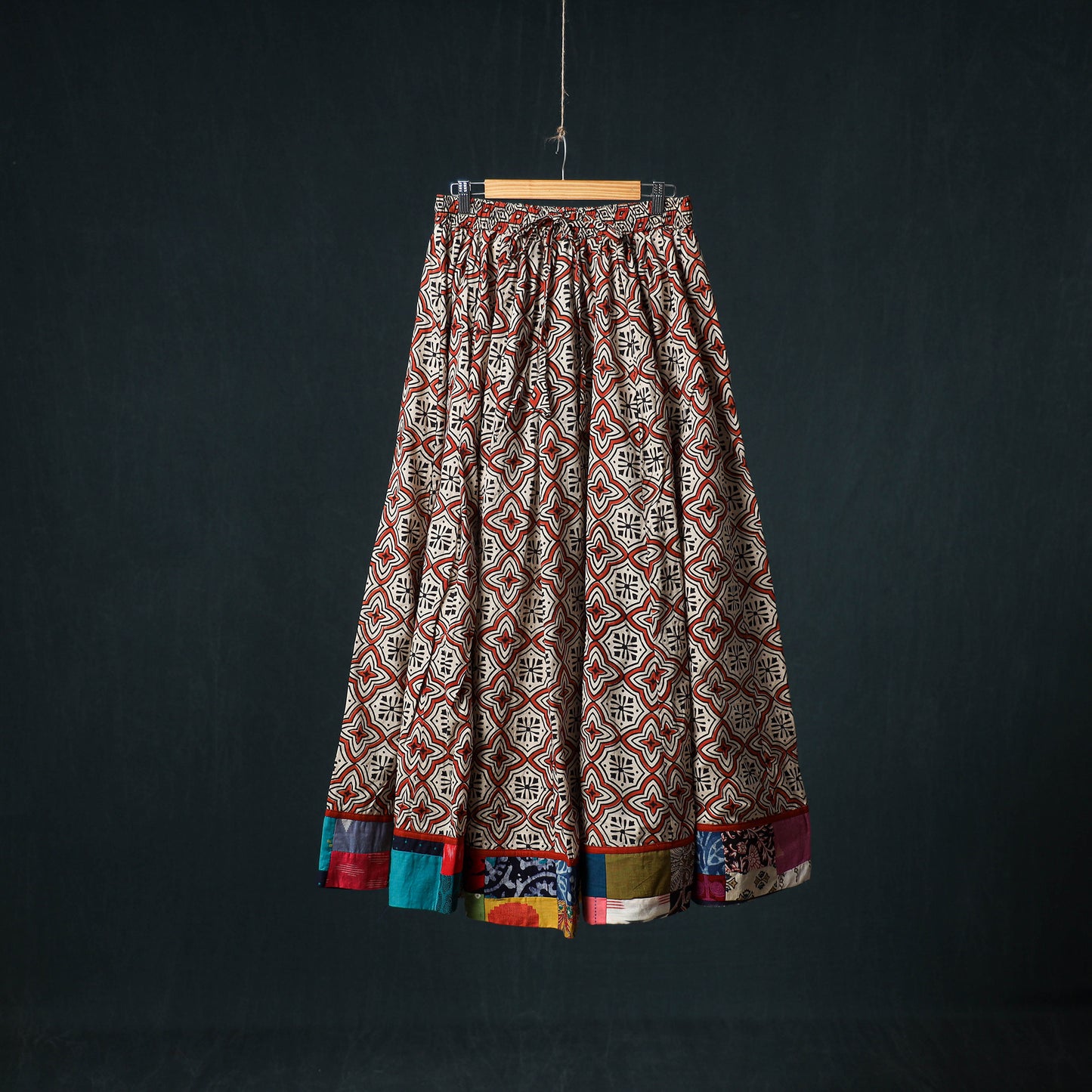 Bagru Hand Block Print 24 Kali Cotton Long Skirt with Patchwork Border 110