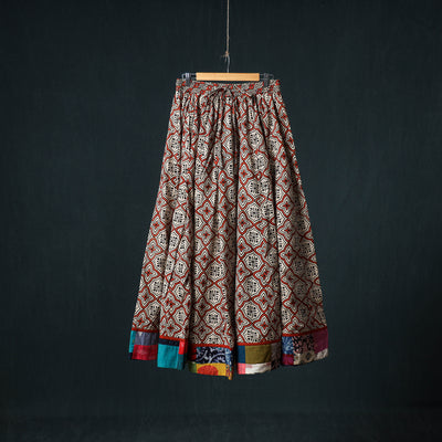 Bagru Hand Block Print 24 Kali Cotton Long Skirt with Patchwork Border 110