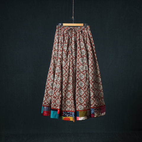 Beige - Bagru Hand Block Print 24 Kali Cotton Long Skirt with Patchwork Border 110