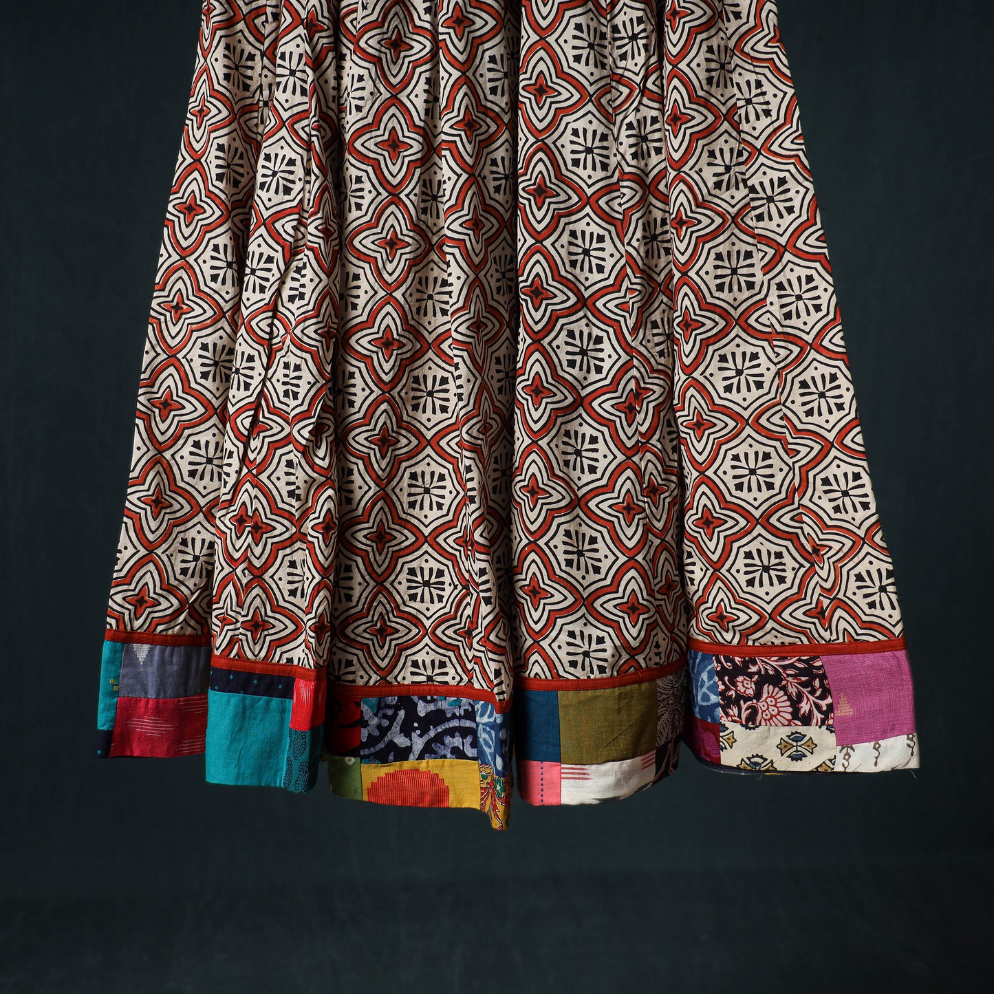 Bagru Hand Block Print 24 Kali Cotton Long Skirt with Patchwork Border 110
