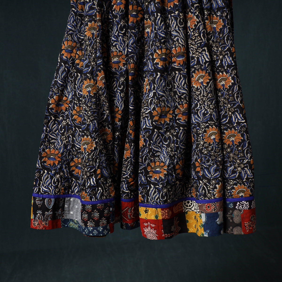 Bagru Hand Block Print 24 Kali Cotton Long Skirt with Patchwork Border 111