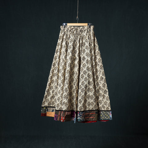 Bagru Hand Block Print 24 Kali Cotton Long Skirt with Patchwork Border 112