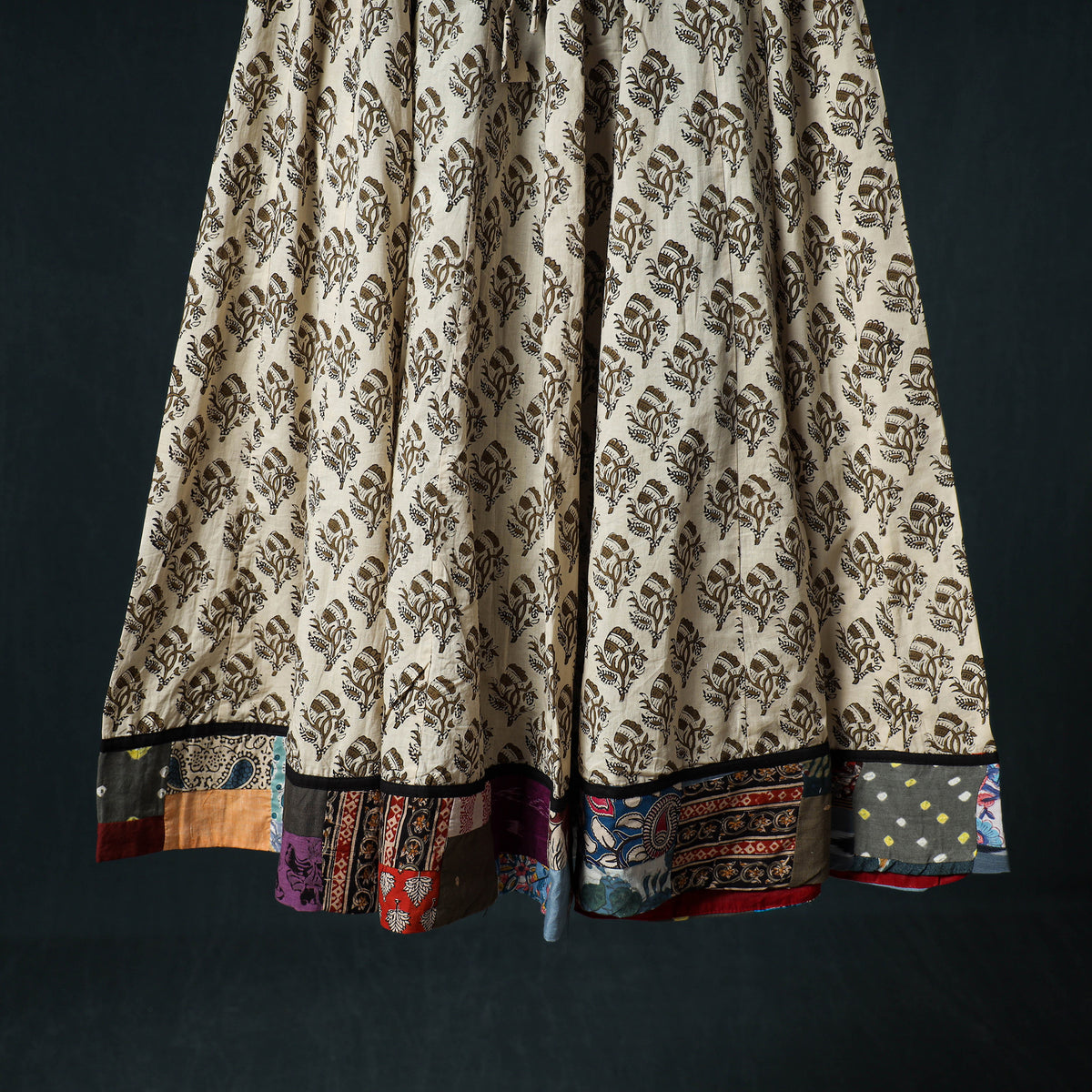 Bagru Hand Block Print 24 Kali Cotton Long Skirt with Patchwork Border 112