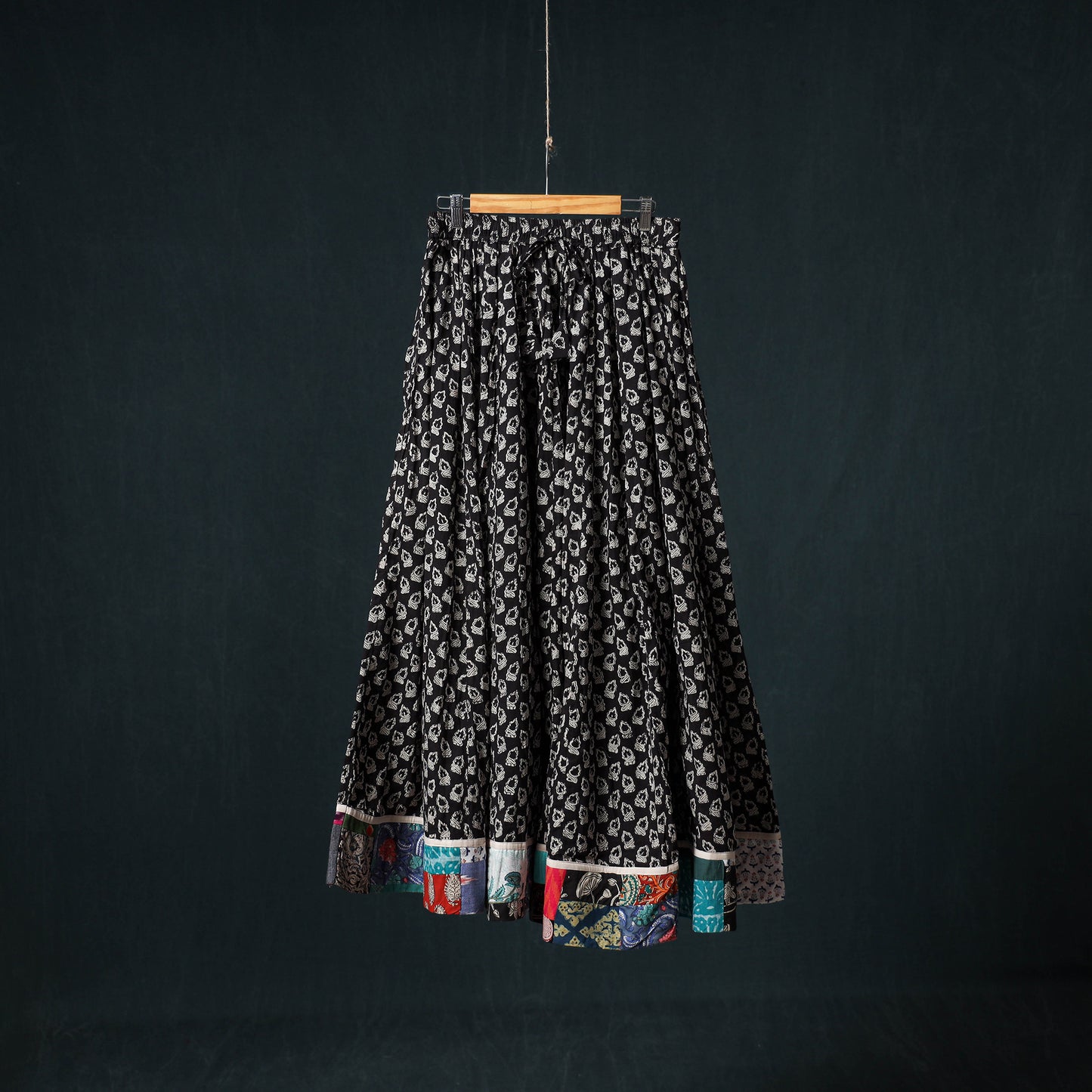 Bagru Hand Block Print 24 Kali Cotton Long Skirt with Patchwork Border 113