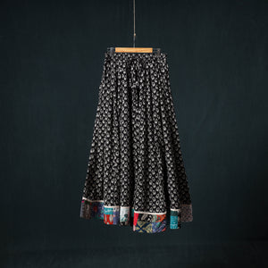 Bagru Hand Block Print 24 Kali Cotton Long Skirt with Patchwork Border 113