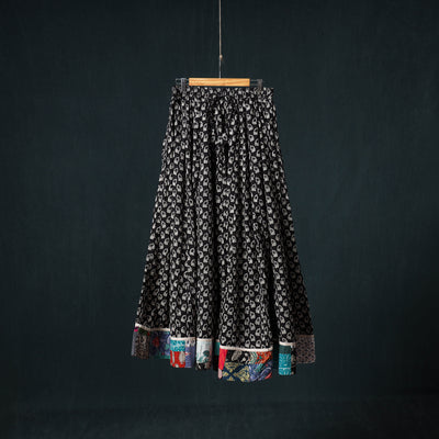 Bagru Hand Block Print 24 Kali Cotton Long Skirt with Patchwork Border 113