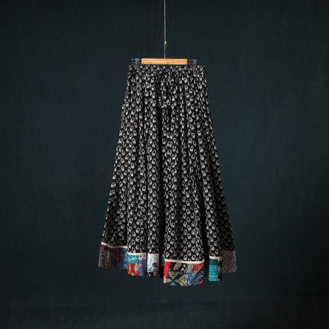 Bagru Hand Block Print 24 Kali Cotton Long Skirt with Patchwork Border 113