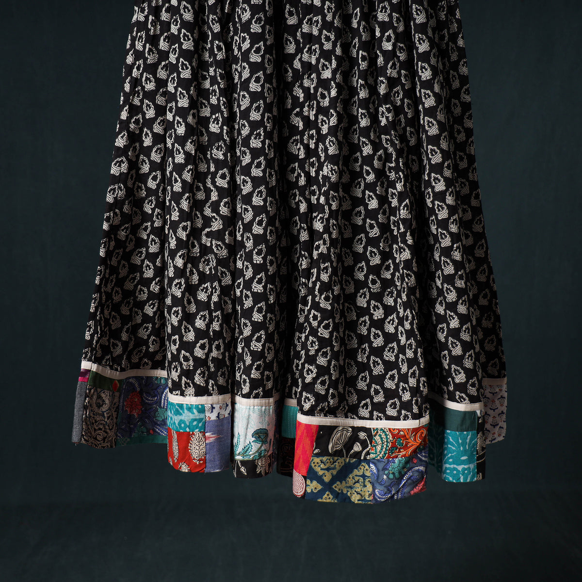 Bagru Hand Block Print 24 Kali Cotton Long Skirt with Patchwork Border 113