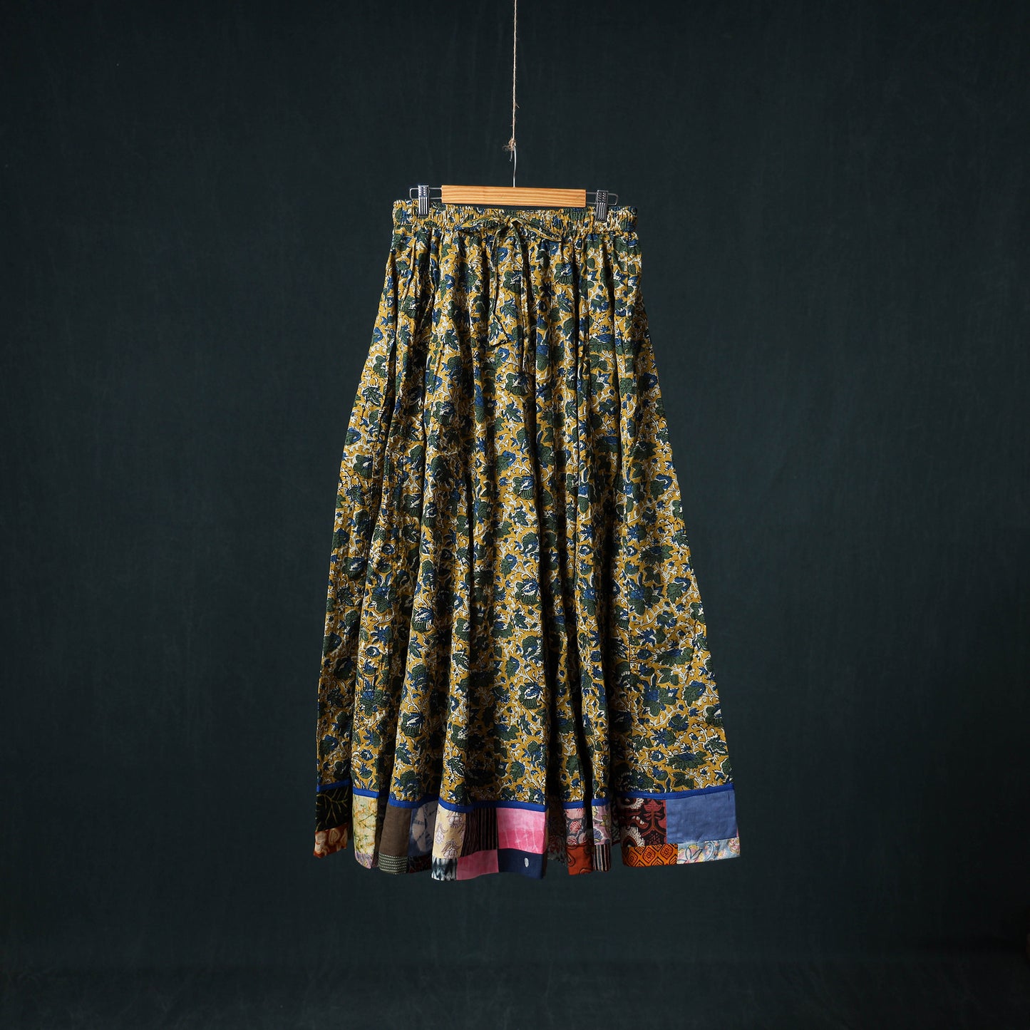 Bagru Hand Block Print 24 Kali Cotton Long Skirt with Patchwork Border 114