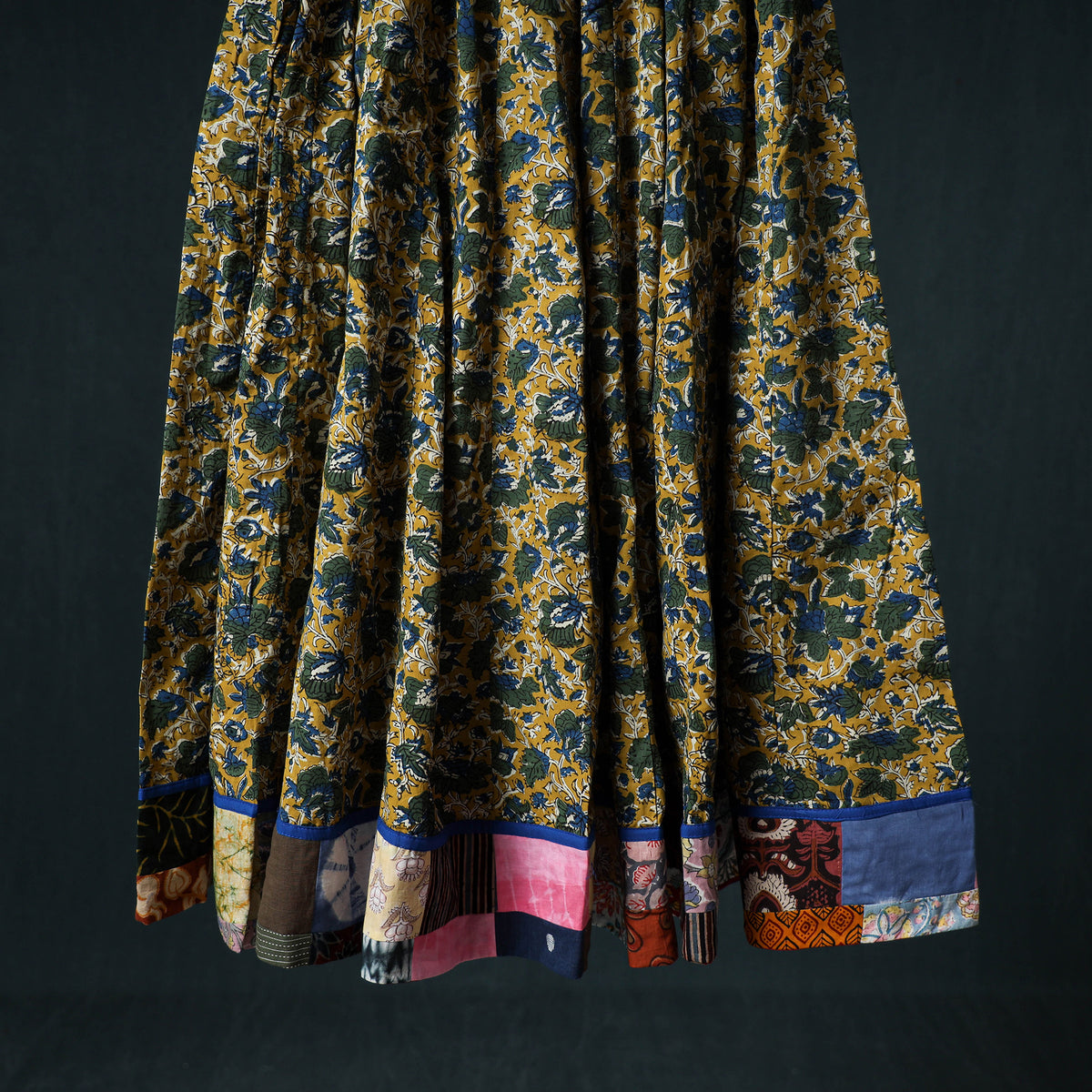 Bagru Hand Block Print 24 Kali Cotton Long Skirt with Patchwork Border 114
