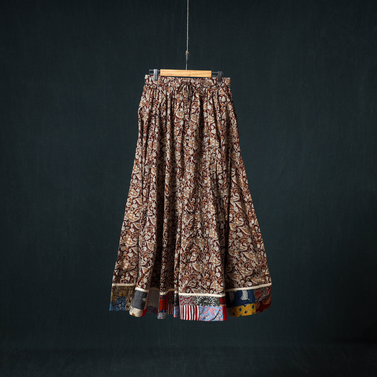 Bagru Hand Block Print 24 Kali Cotton Long Skirt with Patchwork Border 115