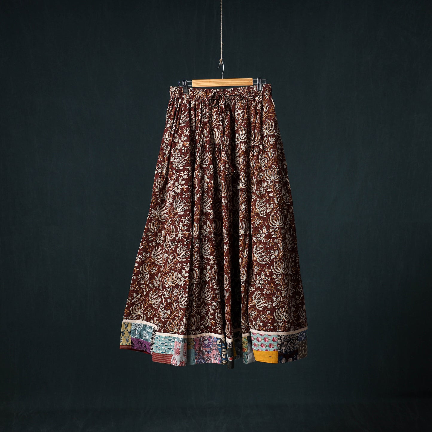 Bagru Hand Block Print 24 Kali Cotton Long Skirt with Patchwork Border 116