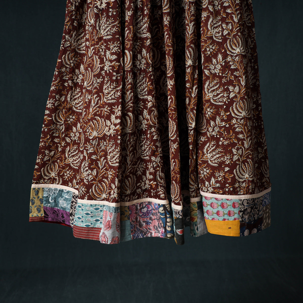 Bagru Hand Block Print 24 Kali Cotton Long Skirt with Patchwork Border 116
