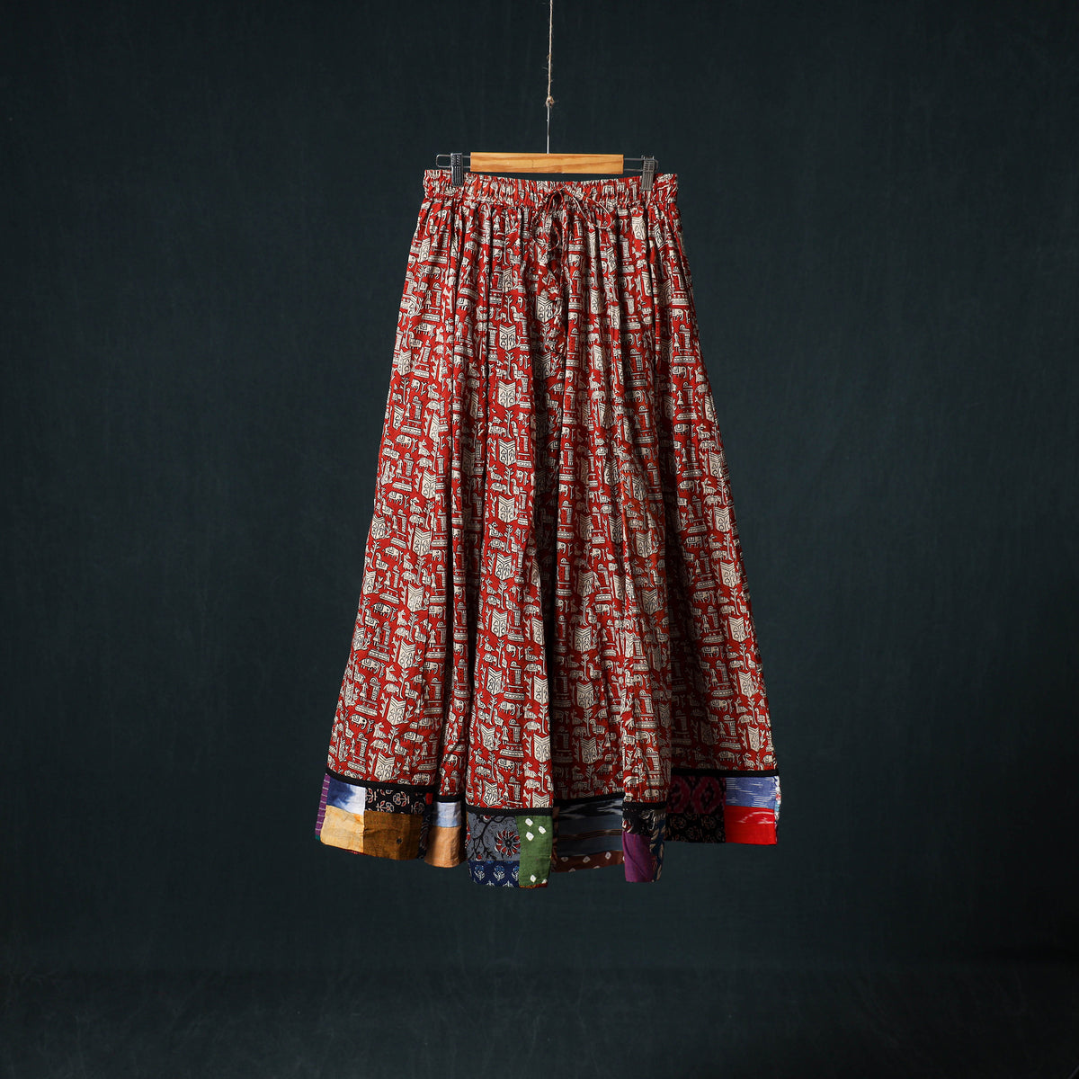Bagru Hand Block Print 24 Kali Cotton Long Skirt with Patchwork Border 117