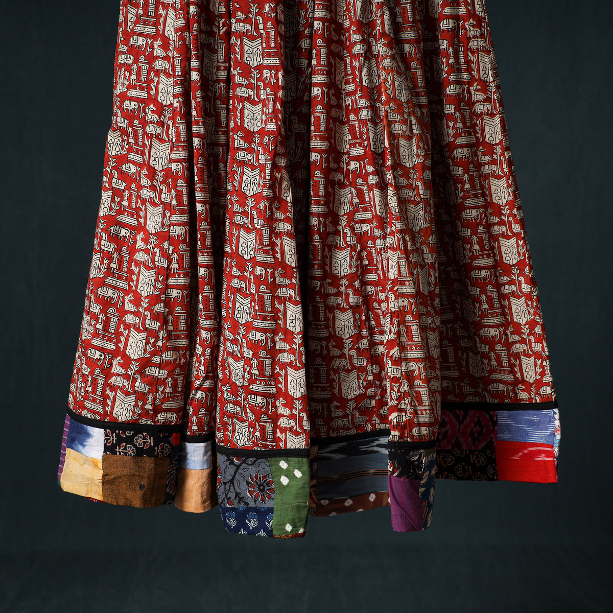 Bagru Hand Block Print 24 Kali Cotton Long Skirt with Patchwork Border 117
